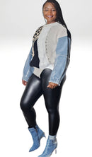 Leopard Print Denim Sleeves Sweater