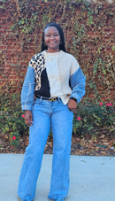 Leopard Print Denim Sleeves Sweater