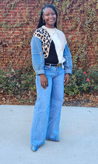 Leopard Print Denim Sleeves Sweater