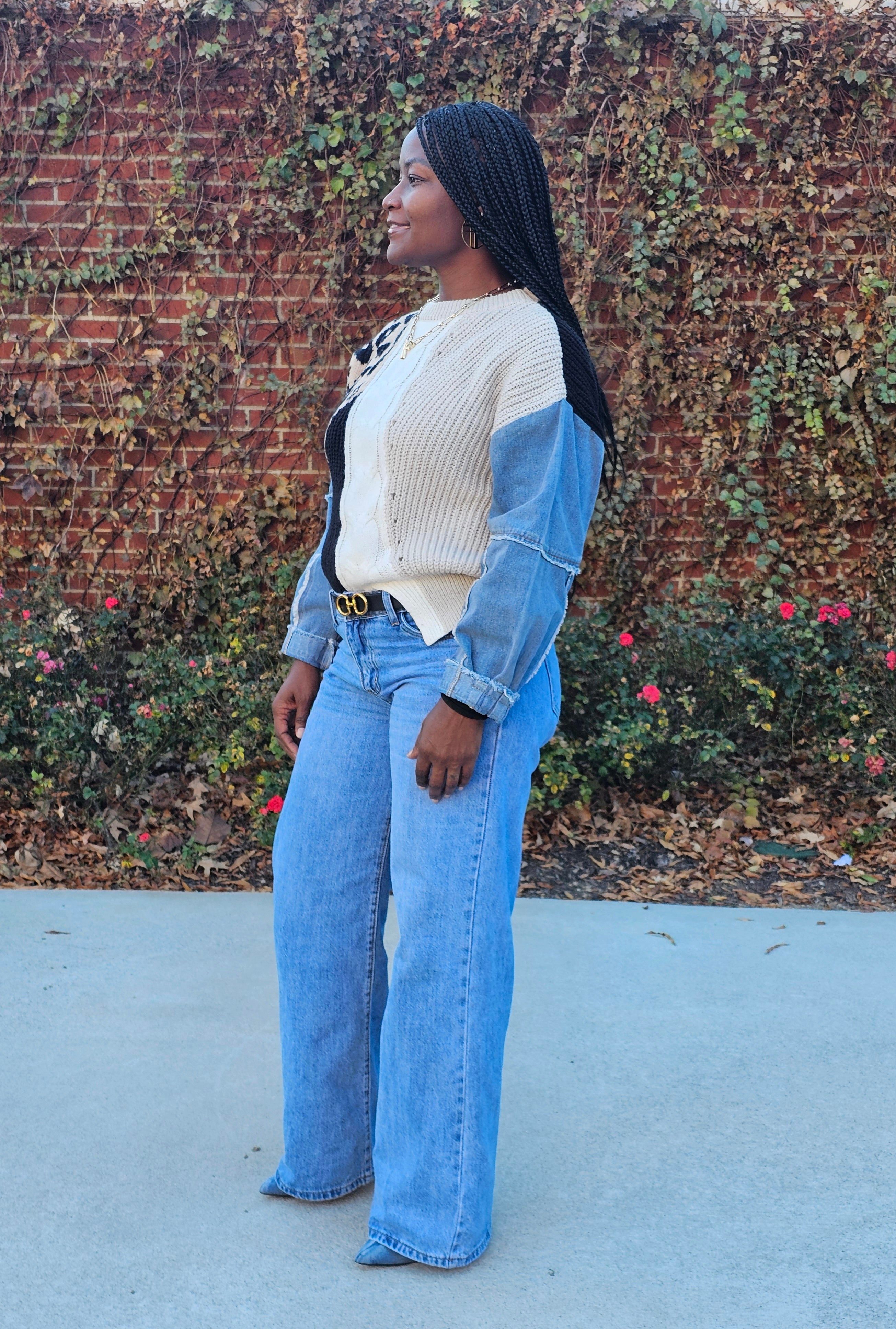 Leopard Print Denim Sleeves Sweater